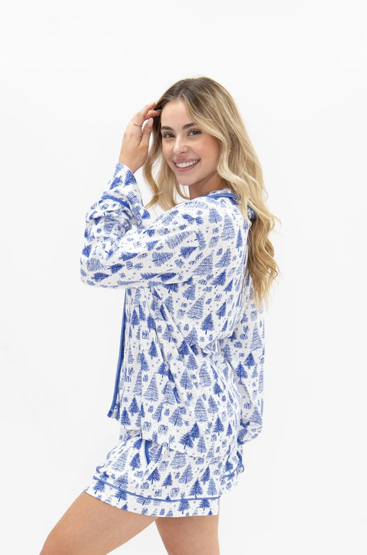 9312L  Grace + Emma Adult PJ Blue Trees Pajama Set Long Sleeve/Shorts 0