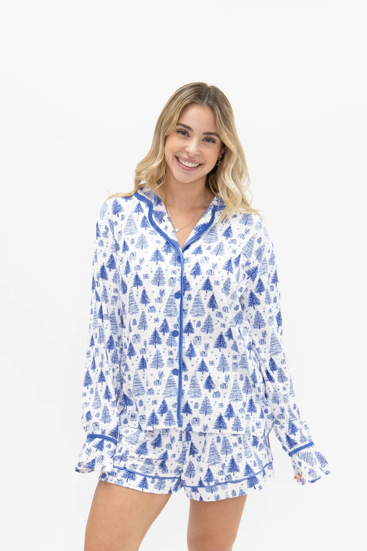9312L  Grace + Emma Adult PJ Blue Trees Pajama Set Long Sleeve/Shorts 0
