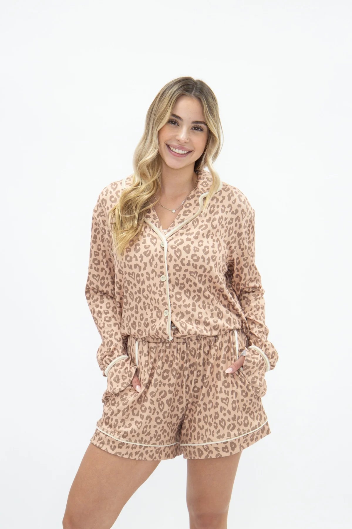 9310L Grace + Emma Women's Leopard PJ Set Long Sleeve/Shorts 0
