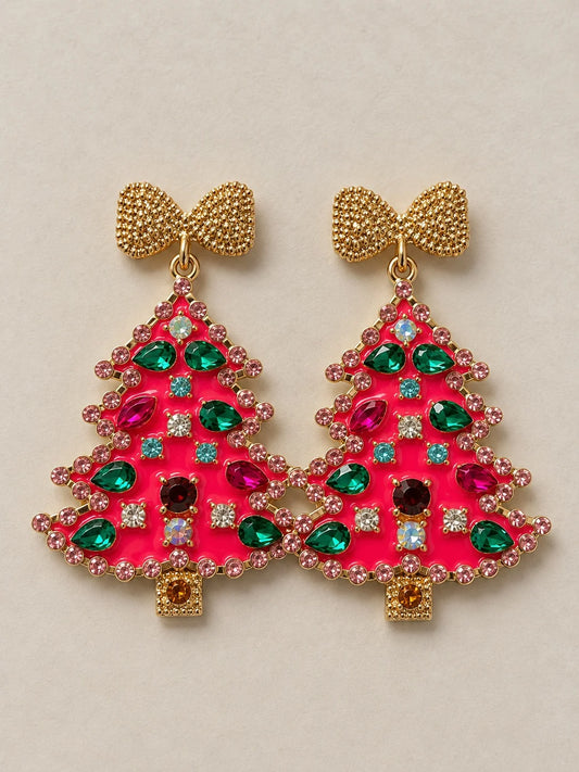 AE92663 Grace + Emma Fashion Jewelry Pink Christmas Tree with Colorful Stones Earrings 0
