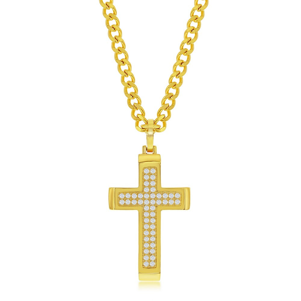SL-7087 Stainless Steel Polished CZ Cross Necklace - Gold Plated