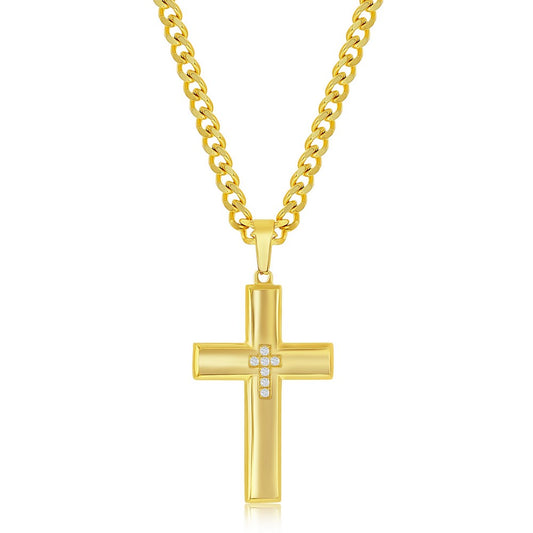 SL-7403 Stainless Steel & CZ Cross Necklace - Gold Plated