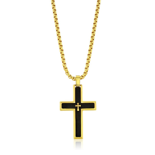 SL-7403 Stainless Steel, Brushed Black & Gold Cross Necklace - Gold Plated