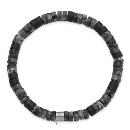 SRB3126 Chisel Stainless Steel Brushed Spectrolite and Black Agate Beaded Stretch Bracelet