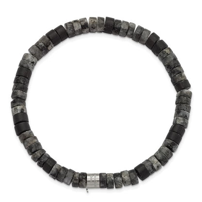 SRB3126 Chisel Stainless Steel Brushed Spectrolite and Black Agate Beaded Stretch Bracelet