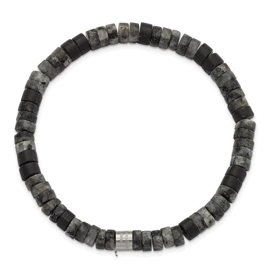 SRB3126 Chisel Stainless Steel Brushed Spectrolite and Black Agate Beaded Stretch Bracelet 0