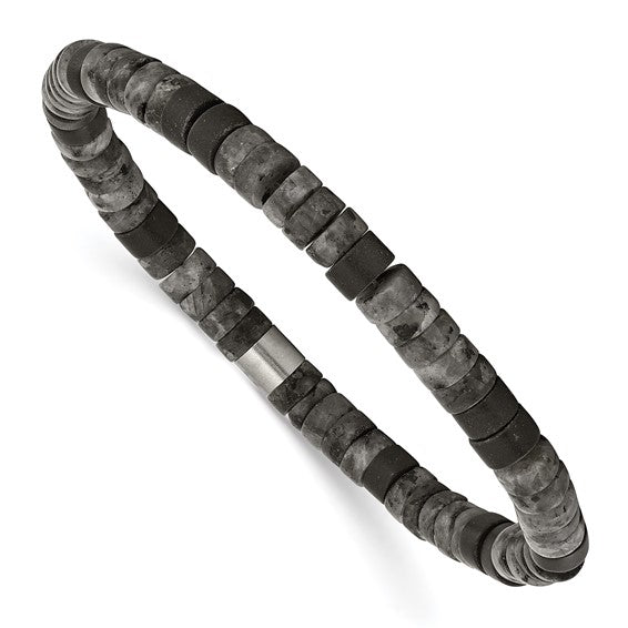 SRB3126 Chisel Stainless Steel Brushed Spectrolite and Black Agate Beaded Stretch Bracelet