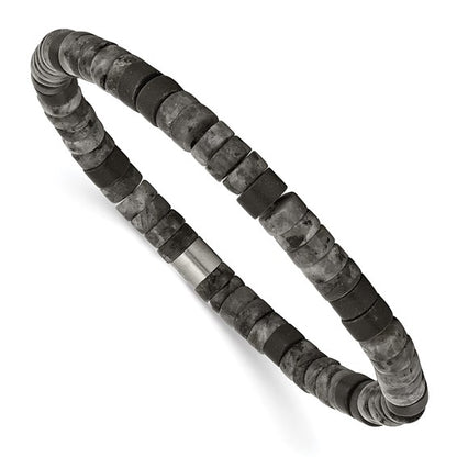 SRB3126 Chisel Stainless Steel Brushed Spectrolite and Black Agate Beaded Stretch Bracelet