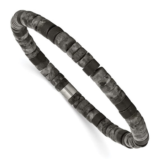 SRB3126 Chisel Stainless Steel Brushed Spectrolite and Black Agate Beaded Stretch Bracelet 0
