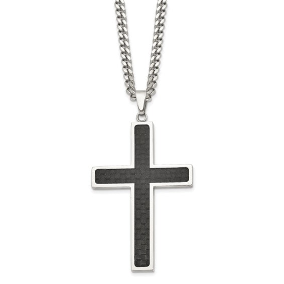 SRN120-24 Chisel Stainless Steel Polished with Black Carbon Fiber Inlay Cross Pendant on a 24 inch Curb Chain Necklace
