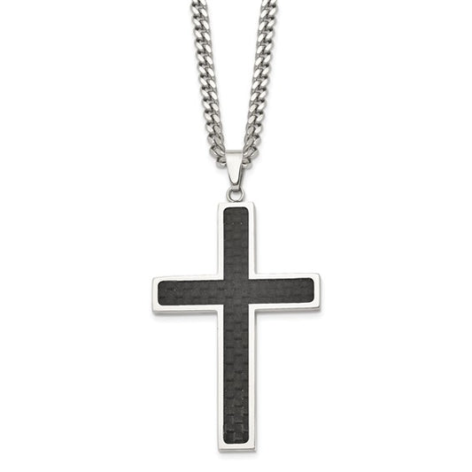 SRN120-24 Chisel Stainless Steel Polished with Black Carbon Fiber Inlay Cross Pendant on a 24 inch Curb Chain Necklace