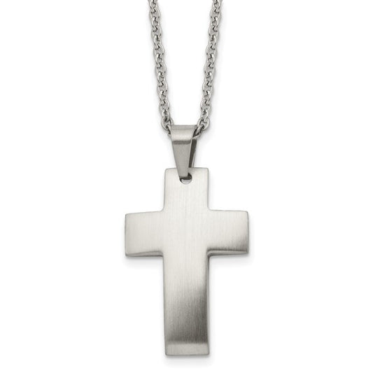 SRN1366-20 Chisel Stainless Steel Brushed Cross Pendant on a 20 inch Cable Chain Necklace
