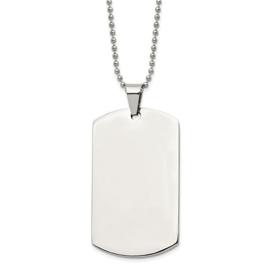 SRN2139-24 Chisel Stainless Steel Brushed and Polished Round Edge Extra Large 4mm Dog Tag on a 24 inch Ball Chain Necklace