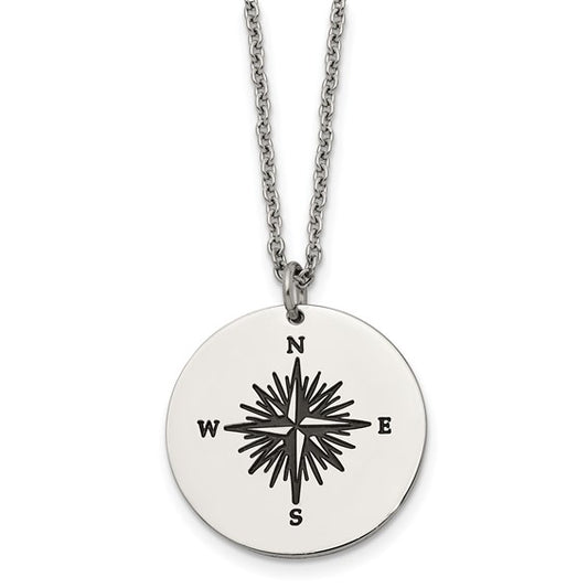 SRN2438-22 Chisel Stainless Steel Polished Enameled NOT ALL WHO WANDER ARE LOST Compass Pendant on a 22in Cable Chain Necklace