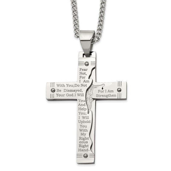84068BRC8X IB GoodMan Chisel Stainless Steel Polished Etched Isaiah 41:10 Prayer Cross Pendant on a 24 inch Curb Chain Necklace