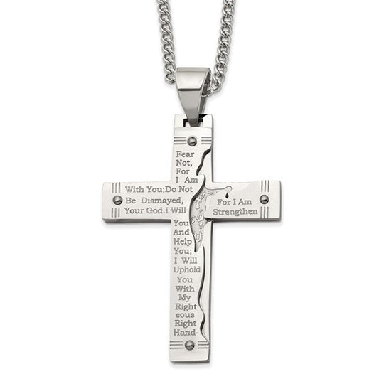 84068BRC8X IB GoodMan Chisel Stainless Steel Polished Etched Isaiah 41:10 Prayer Cross Pendant on a 24 inch Curb Chain Necklace
