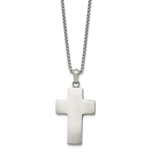 SRN3039-19.75 Chisel Stainless Steel Brushed Black Oxidized Design Edges Cross Pendant on a 19.75 inch Box Chain Necklace