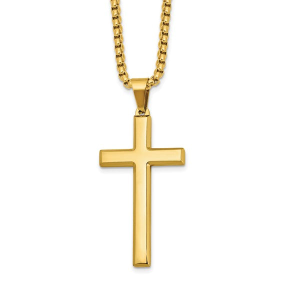 SRN3195-24 Chisel Stainless Steel Polished Yellow IP-plated Cross Pendant on a 24 inch Box Chain Necklace