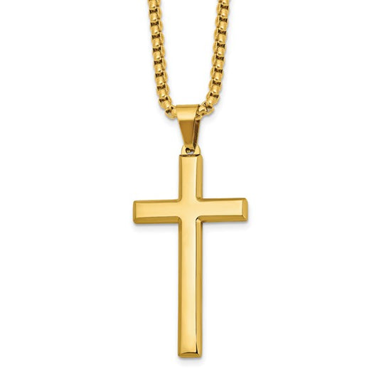 SRN3195-24 Chisel Stainless Steel Polished Yellow IP-plated Cross Pendant on a 24 inch Box Chain Necklace