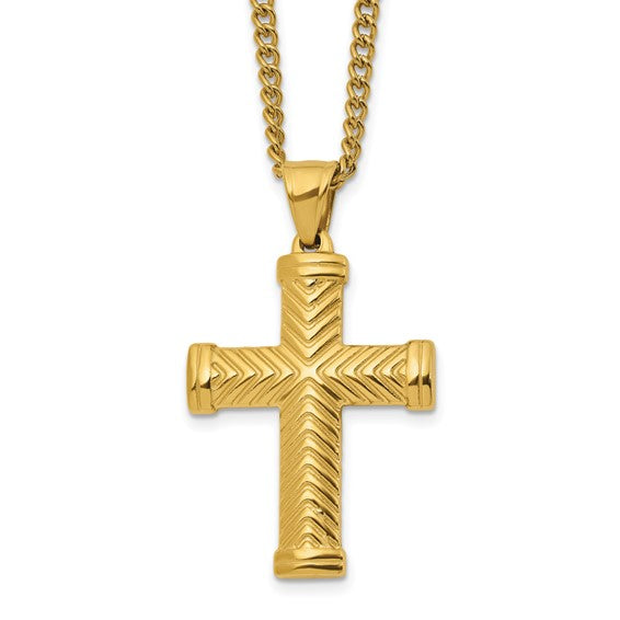 SRN3237-22 Chisel Stainless Steel Polished Yellow IP-plated Cross Pendant on a 22 inch Plus a 2 inch Curb Chain Necklace