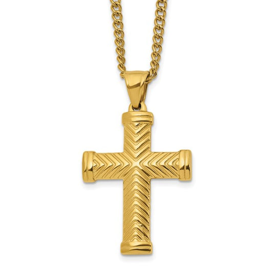 SRN3237-22 Chisel Stainless Steel Polished Yellow IP-plated Cross Pendant on a 22 inch Plus a 2 inch Curb Chain Necklace