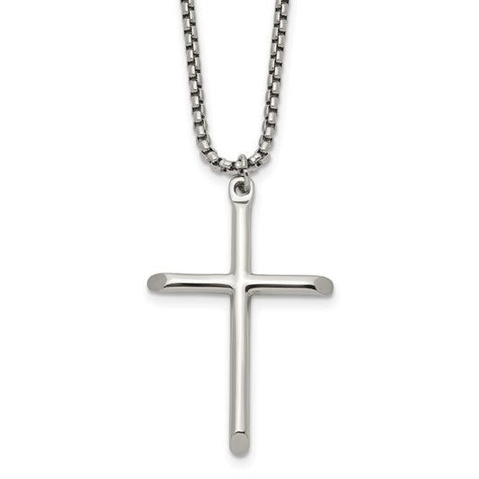 SRN3354-24 Chisel Stainless Steel Polished Cross Pendant on a 24 inch Box Chain Necklace
