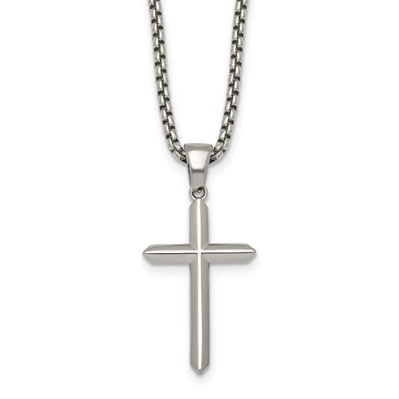 SRN3556-24 Chisel Stainless Steel Polished 24 inch Box Chain Cross Necklace