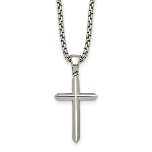 SRN3556-24 Chisel Stainless Steel Polished 24 inch Box Chain Cross Necklace