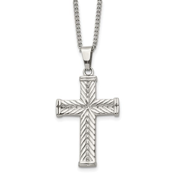 SRN865-22 Chisel Stainless Steel Polished and Textured Cross Pendant on a 22 inch Curb Chain Necklace