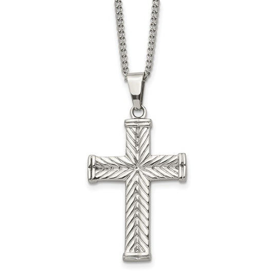 SRN865-22 Chisel Stainless Steel Polished and Textured Cross Pendant on a 22 inch Curb Chain Necklace