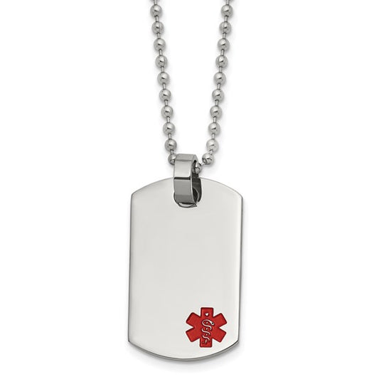SRN900-24 Chisel Stainless Steel Polished with Red Enamel Medical ID Dog Tag on a 24 inch Ball Chain Necklace