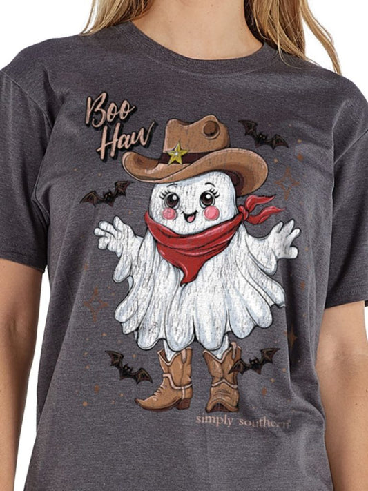 SS-BOO-IRONHTHR Simply Southern Women's Boo Haw Ghost T-Shirt Iron Heather 0