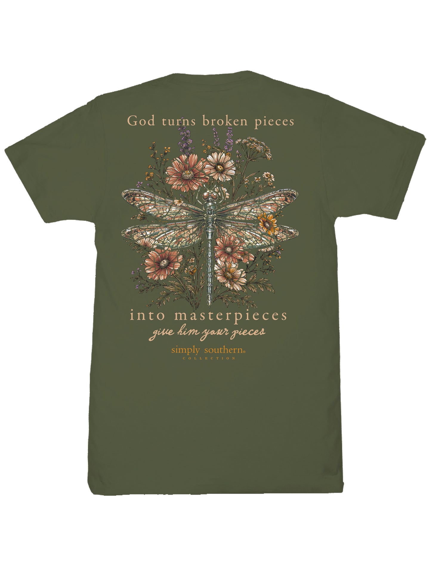 SS-BROKEN-DILL Simply Southern Women's God Turn Broken Pieces Into Masterpieces T-Shirt Dill 0
