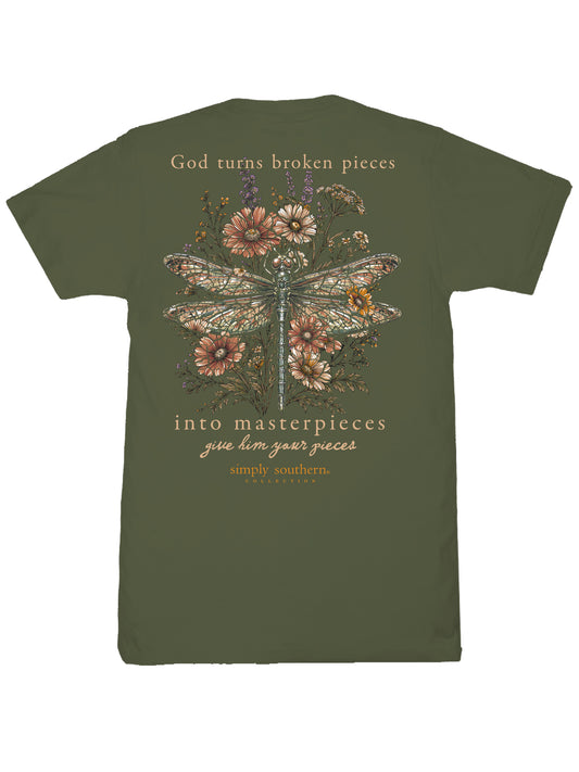 SS-BROKEN-DILL Simply Southern Women's God Turn Broken Pieces Into Masterpieces T-Shirt Dill 0