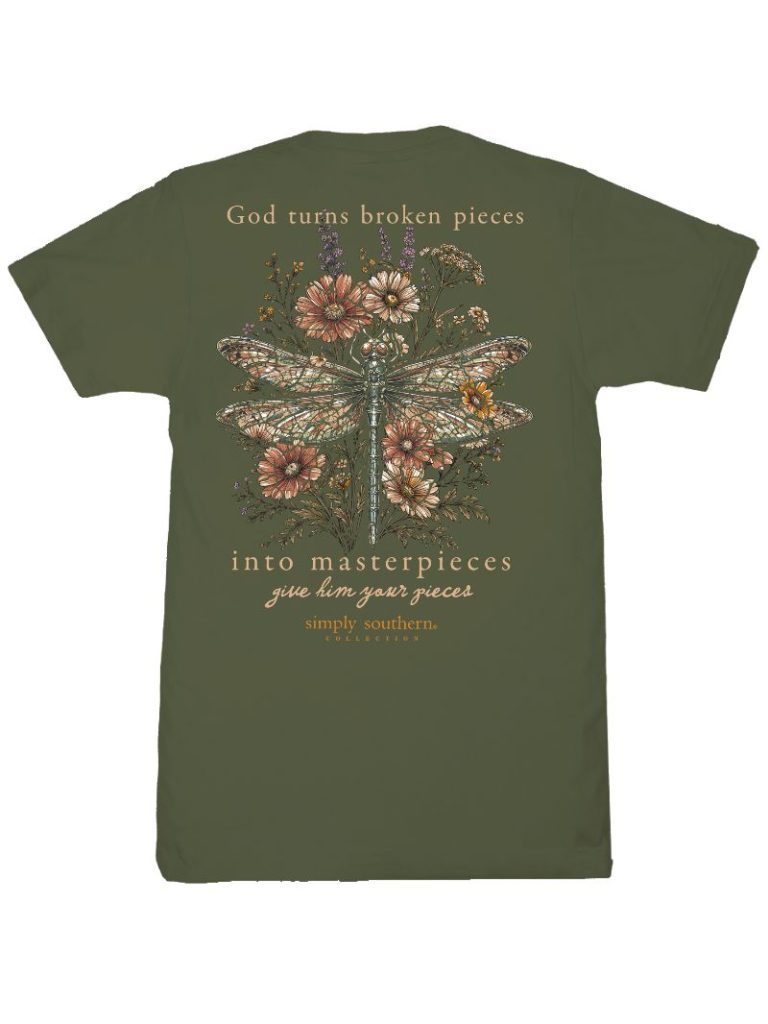 SS-BROKEN-DILL Simply Southern Women's God Turn Broken Pieces Into Masterpieces T-Shirt Dill 0