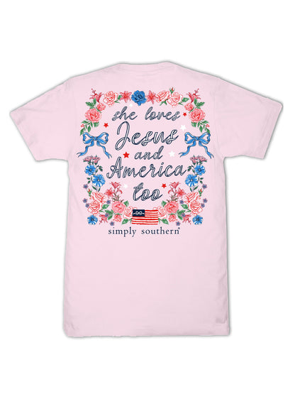 YTH-SS-JESUS-PEONY Youth Simply Southern 'She loves Jesus and America too' Pink