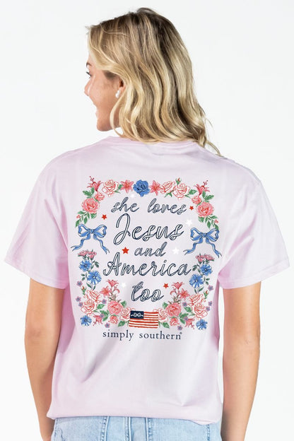 SS-JESUS-PEONY Simply Southern Women's 'She loves Jesus and America too' T-shirt Pink