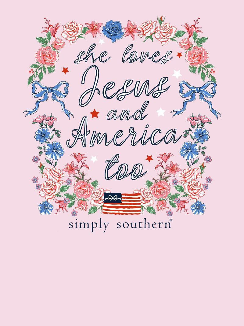 SS-JESUS-PEONY Simply Southern Women's 'She loves Jesus and America too' T-shirt Pink