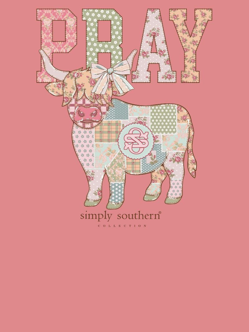 SS-PRAY-TEAROSE Simply Southern Pray Highland Cow T-Shirt