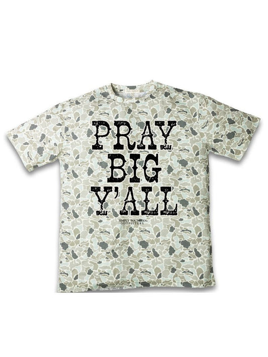 SS-PRAYBIG-CAMOSLD Simply Southern Women's "Pray big Y'all" T-shirt Camo