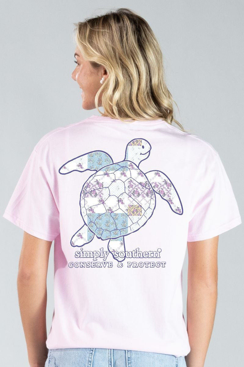 SS-TRACKT5-PATCH-PEONY Simply Southern Women's Turtle Tracking T-Shirt Peony Pink