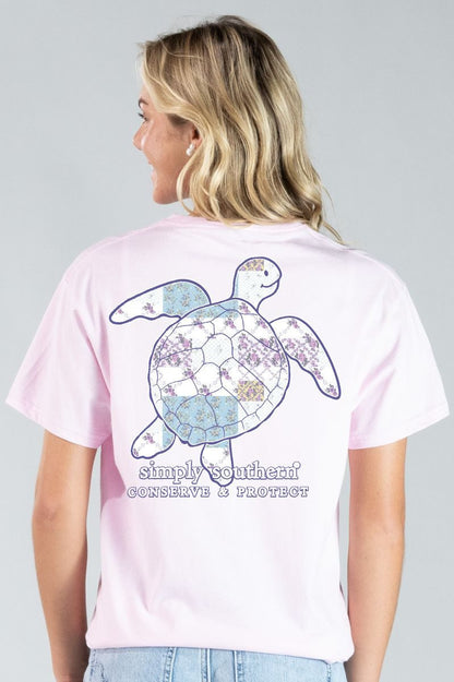 SS-TRACKT5-PATCH-PEONY Simply Southern Women's Turtle Tracking T-Shirt Peony Pink