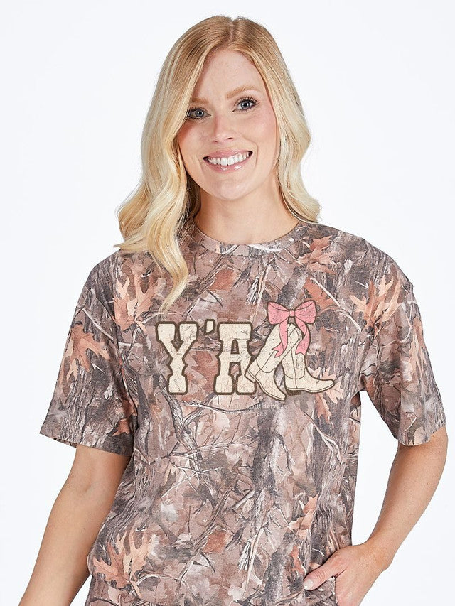SS-YALL-CAMO Simply Southern Women's Yall T-Shirt Pink Bow Camo