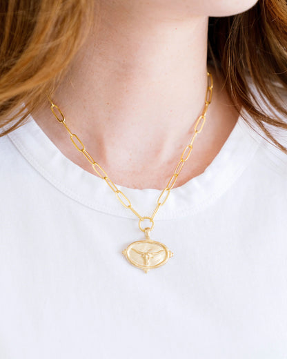 3696LH Susan Shaw Gold Plated Longhorn Intaglio Paperclip Necklace