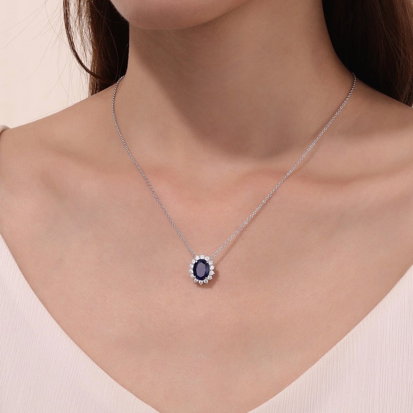 PO202 Lafonn Sterling Silver Lab Grown Blue Sapphire Halo Simulated Diamond Necklace