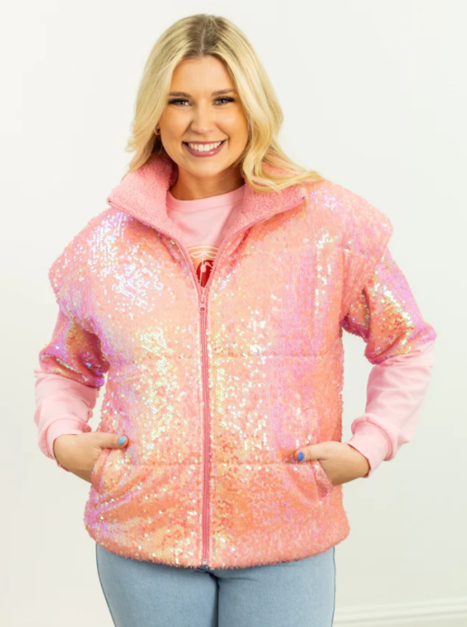 9141L-PK Grace & Emma Pink Sequin Puffer Vest