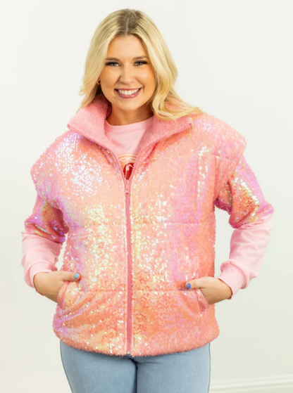 9141L-PK Grace & Emma Pink Sequin Puffer Vest