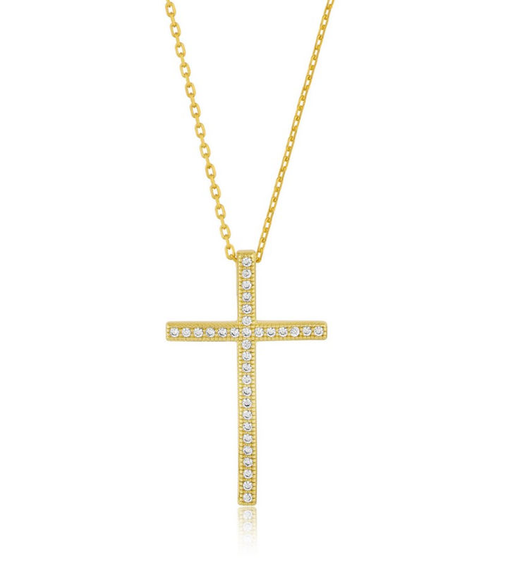 K-5773-GP Gold Plated Sterling Silver 16x26mm Micro Pave Cross Pendant