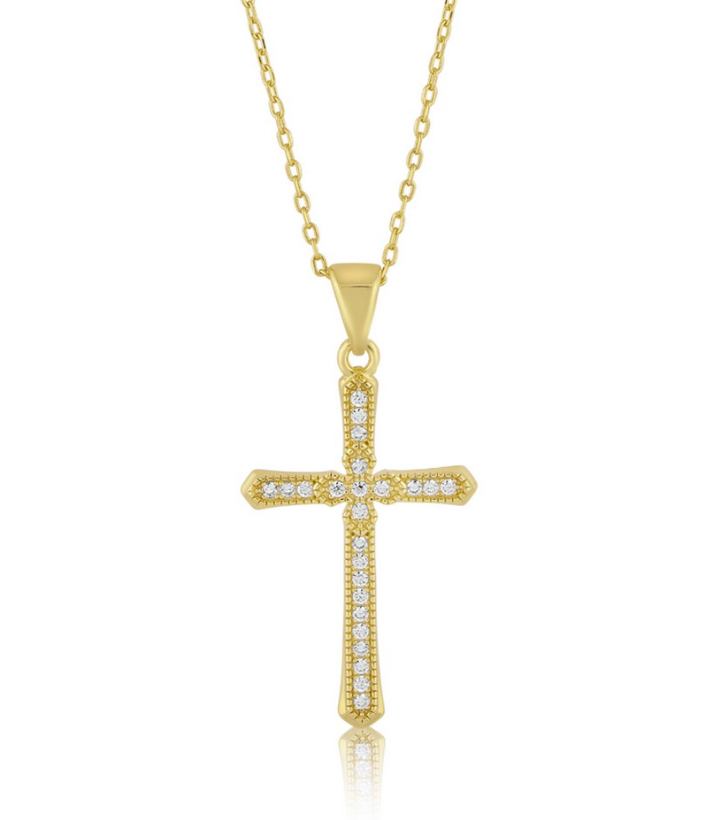 M-7989-GP Gold Plated Sterling Silver Pave Cross Necklace