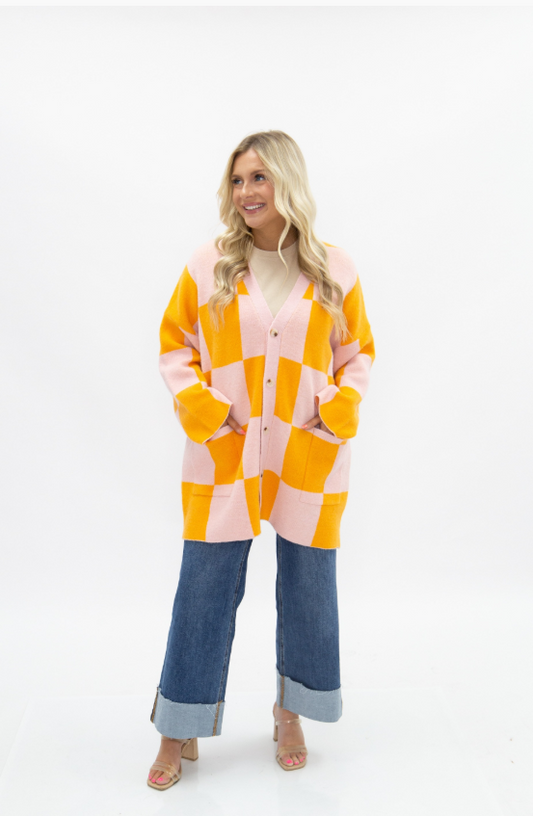 9271L Grace & Emma Pink & Orange Checkered Cardigan Sweater 0